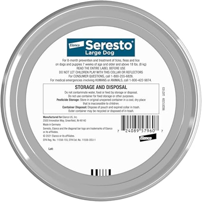 Seresto Large Dog Vet-Recommended Flea & Tick Treatment & Prevention Collar for Dogs Over 18 lbs. | 8 Months Protection