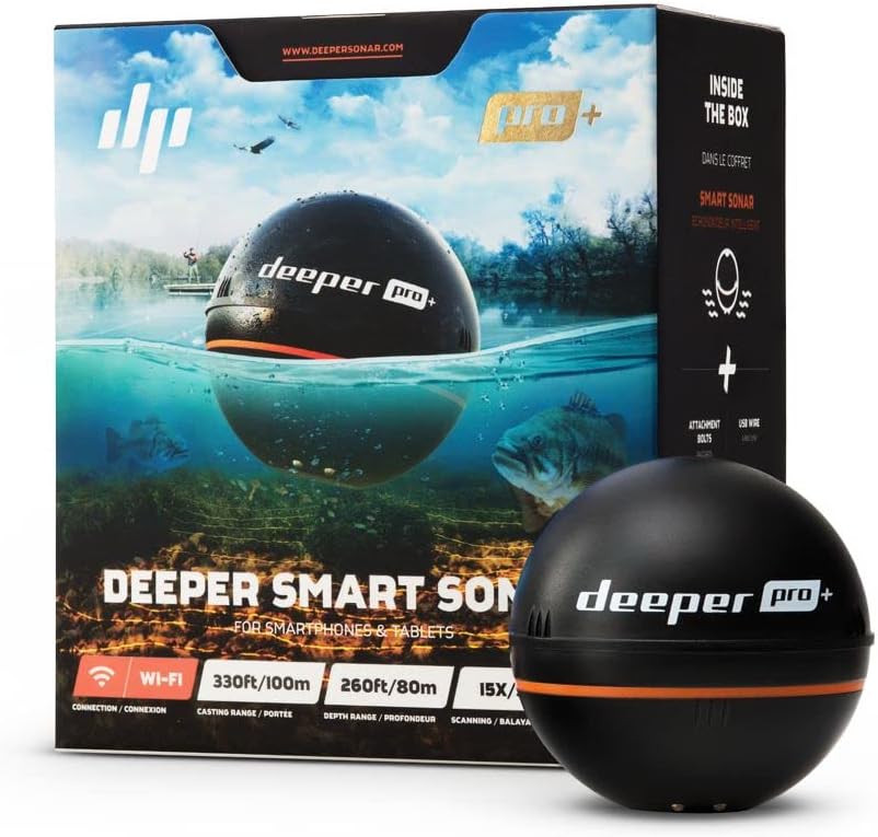 Deeper PRO+ Smart Sonar Castable and Portable WiFi Fish Finder with Gps for Kayaks and Boats on Shore Ice Fishing Fish Finder
