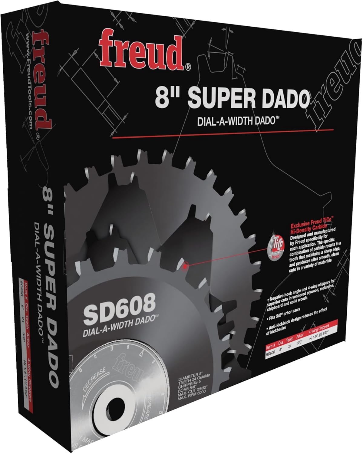 Freud Dial-A-Width Stacked Dado Sets with Premium Tico Hi-Density Carbide Crosscutting Blend for Maximum Performance - 8" Diameter, 24 Teeth, 5/8" Arbor - SD608